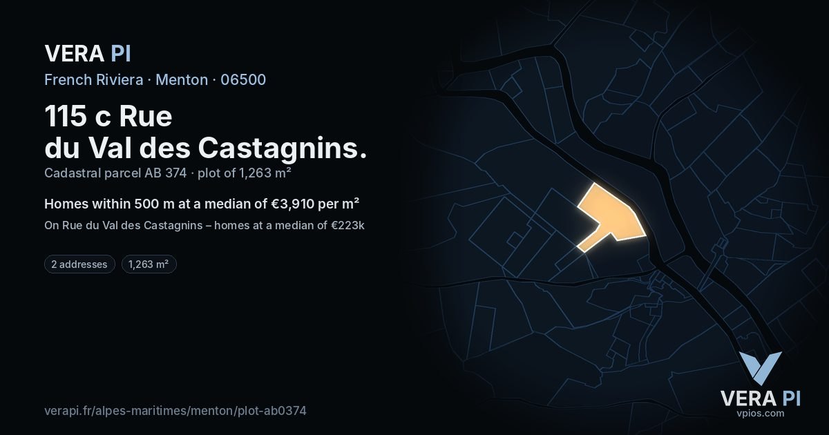 115 c Rue du Val des Castagnins, Menton at night – the plot lit, the parcels around coloured by the prices near them
