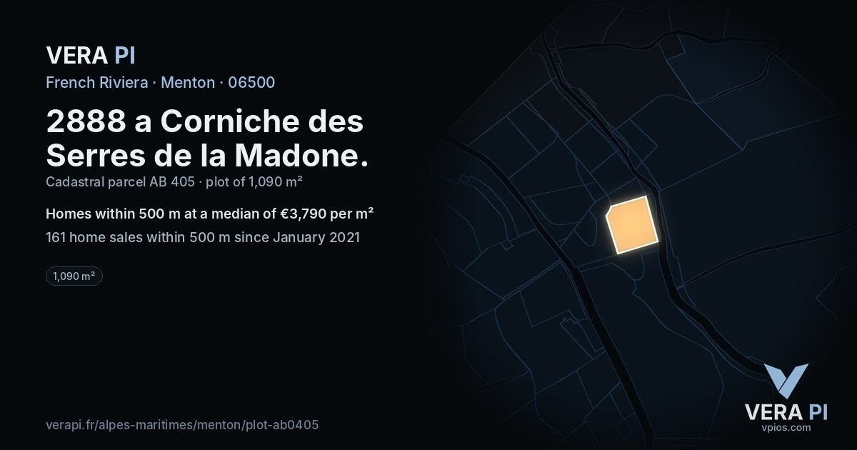2888 a Corniche des Serres de la Madone, Menton at night – the plot lit, the parcels around coloured by the prices near them