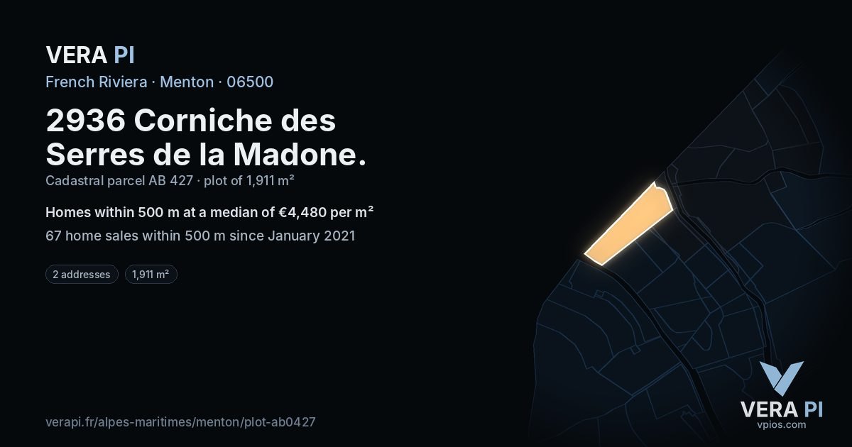 2936 Corniche des Serres de la Madone, Menton at night – the plot lit, the parcels around coloured by the prices near them