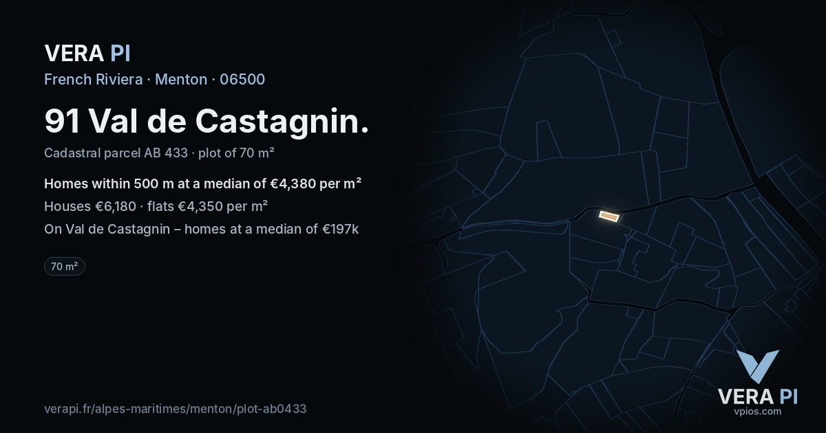 91 Val de Castagnin, Menton at night – the plot lit, the parcels around coloured by the prices near them