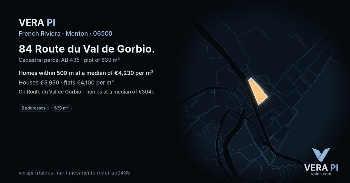 84 Route du Val de Gorbio, Menton at night – the plot lit, the parcels around coloured by the prices near them