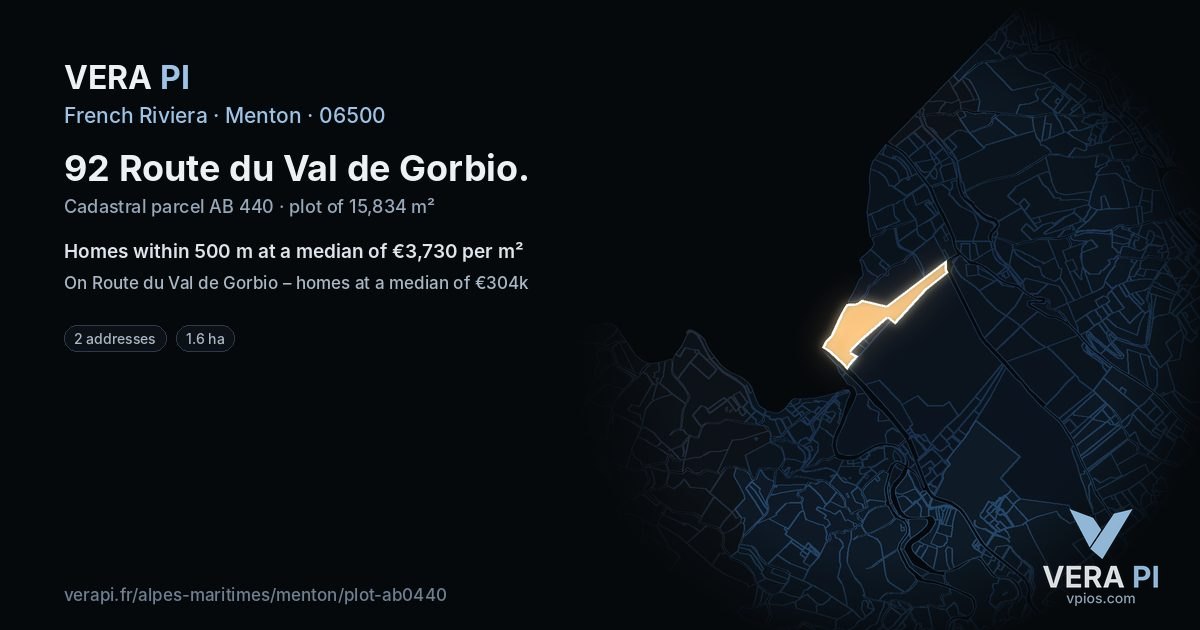 92 Route du Val de Gorbio, Menton at night – the plot lit, the parcels around coloured by the prices near them