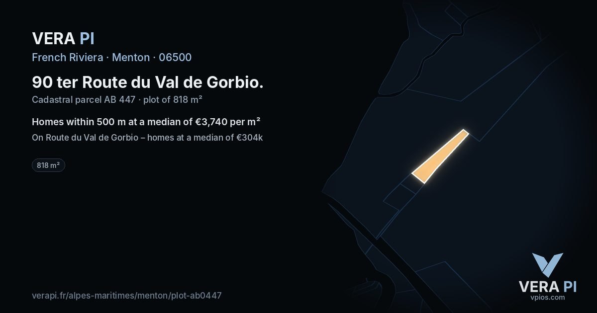 90 ter Route du Val de Gorbio, Menton at night – the plot lit, the parcels around coloured by the prices near them
