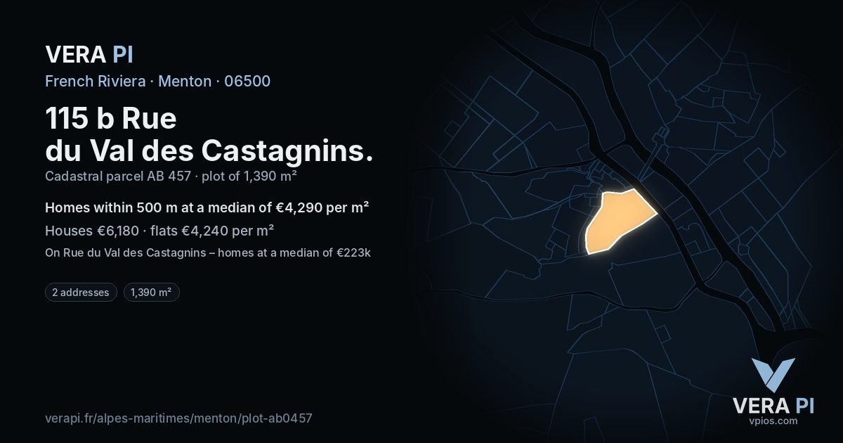 115 b Rue du Val des Castagnins, Menton at night – the plot lit, the parcels around coloured by the prices near them