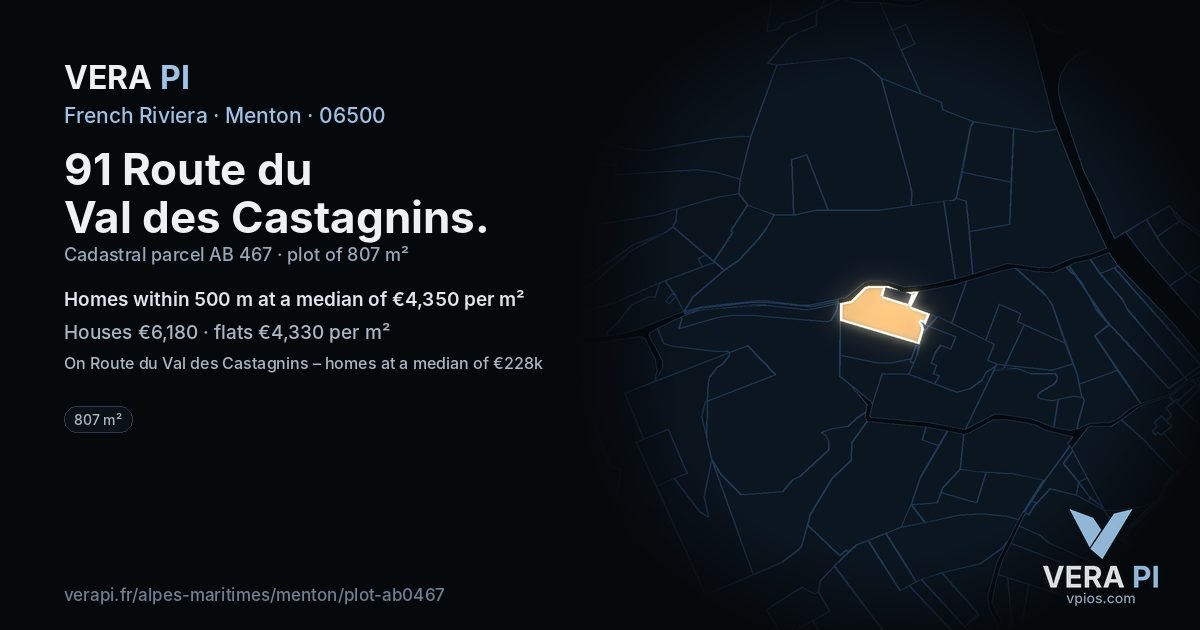 91 Route du Val des Castagnins, Menton at night – the plot lit, the parcels around coloured by the prices near them