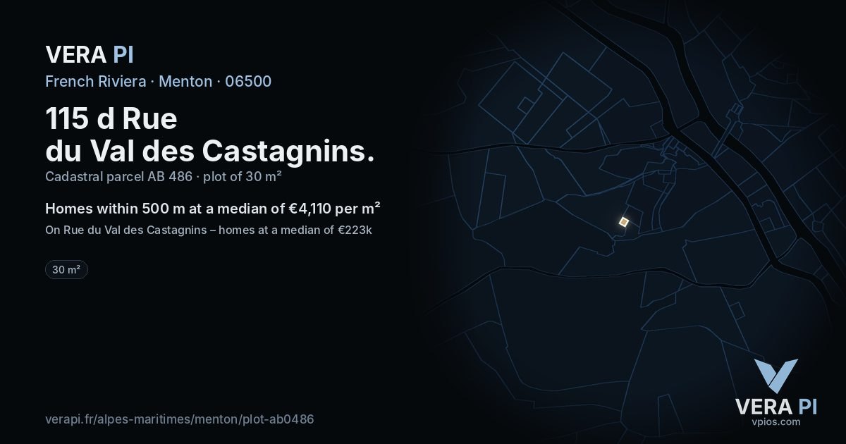 115 d Rue du Val des Castagnins, Menton at night – the plot lit, the parcels around coloured by the prices near them