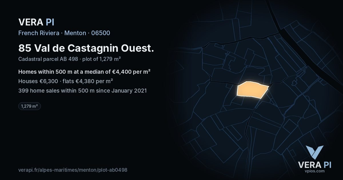 85 Val de Castagnin Ouest, Menton at night – the plot lit, the parcels around coloured by the prices near them