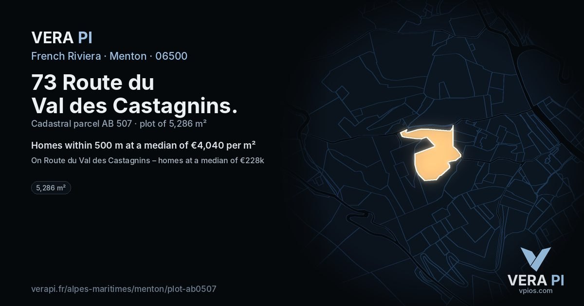 73 Route du Val des Castagnins, Menton at night – the plot lit, the parcels around coloured by the prices near them