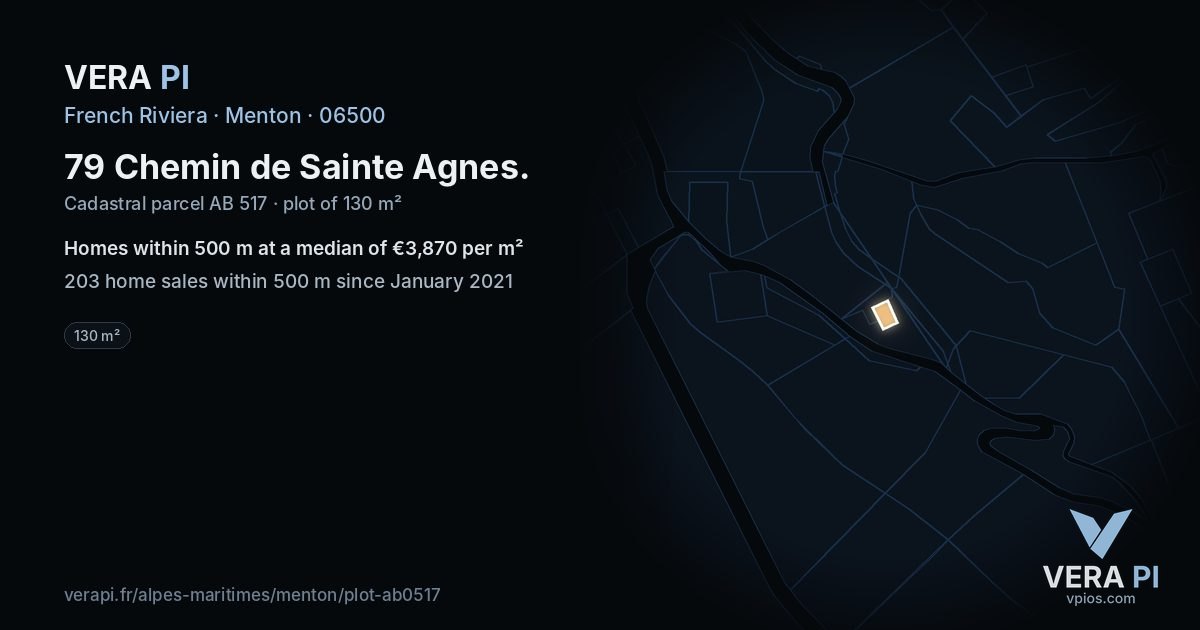 79 Chemin de Sainte Agnes, Menton at night – the plot lit, the parcels around coloured by the prices near them