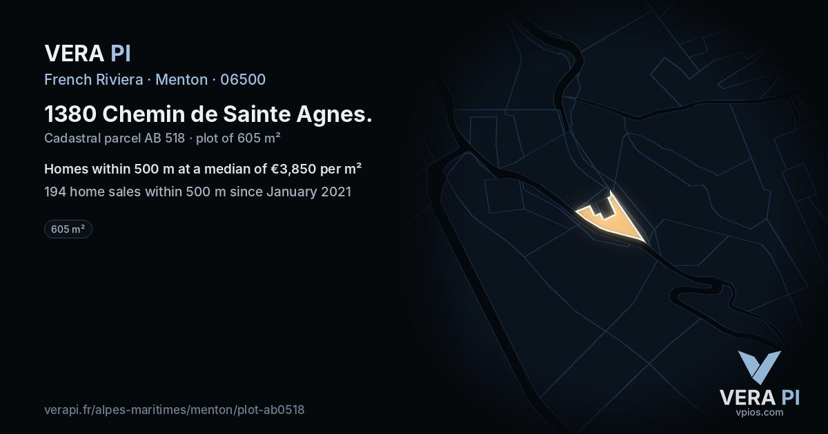 1380 Chemin de Sainte Agnes, Menton at night – the plot lit, the parcels around coloured by the prices near them