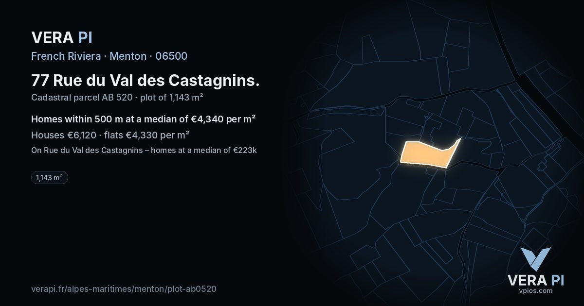 77 Rue du Val des Castagnins, Menton at night – the plot lit, the parcels around coloured by the prices near them