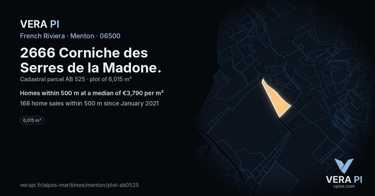 2666 Corniche des Serres de la Madone, Menton at night – the plot lit, the parcels around coloured by the prices near them