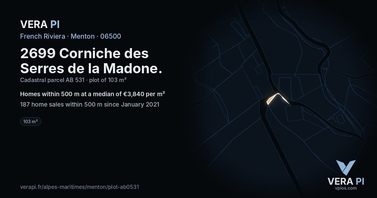 2699 Corniche des Serres de la Madone, Menton at night – the plot lit, the parcels around coloured by the prices near them