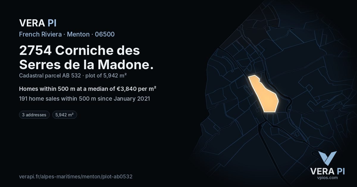 2754 Corniche des Serres de la Madone, Menton at night – the plot lit, the parcels around coloured by the prices near them