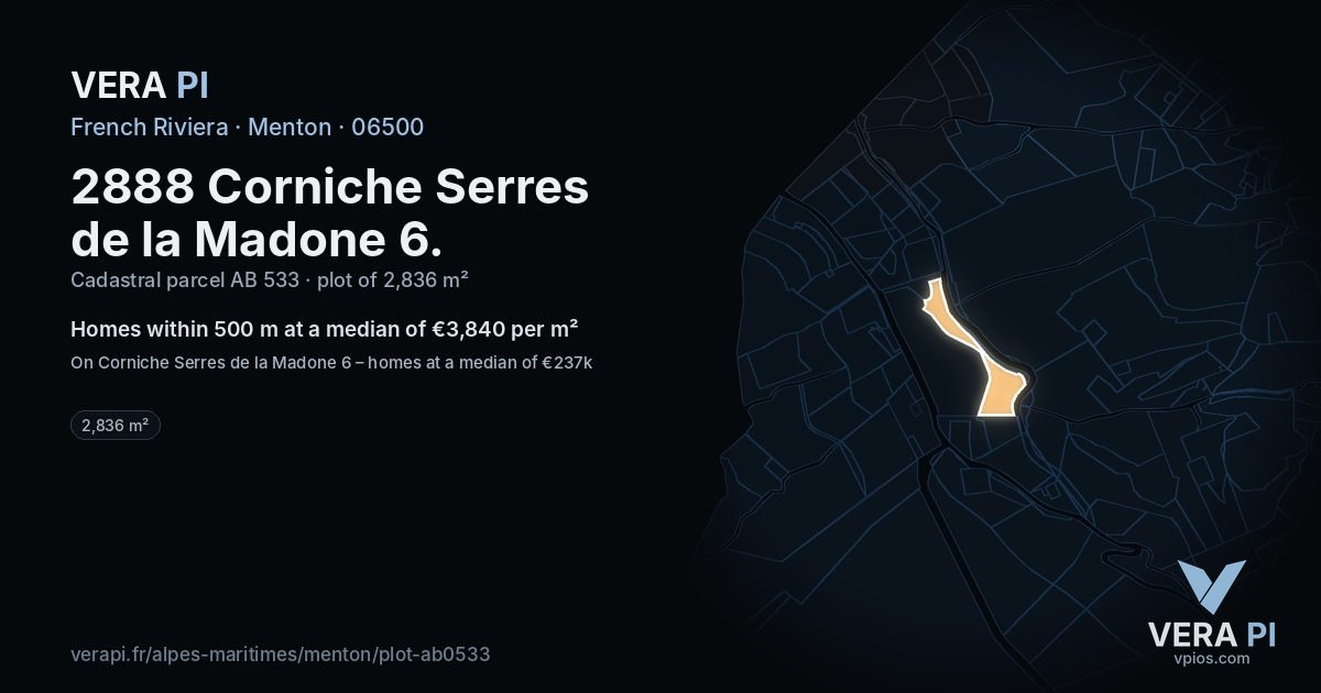 2888 Corniche Serres de la Madone 6, Menton at night – the plot lit, the parcels around coloured by the prices near them