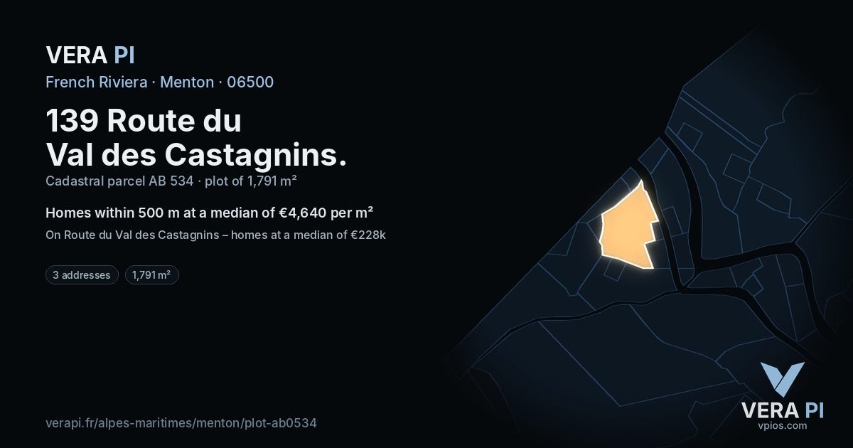 139 Route du Val des Castagnins, Menton at night – the plot lit, the parcels around coloured by the prices near them