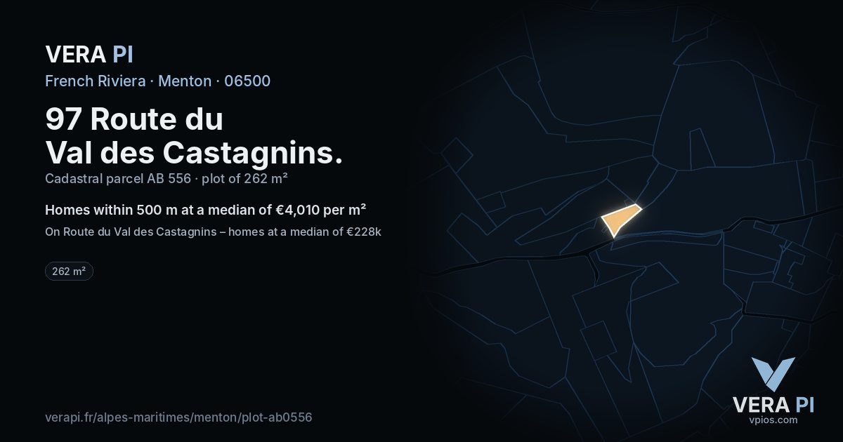 97 Route du Val des Castagnins, Menton at night – the plot lit, the parcels around coloured by the prices near them