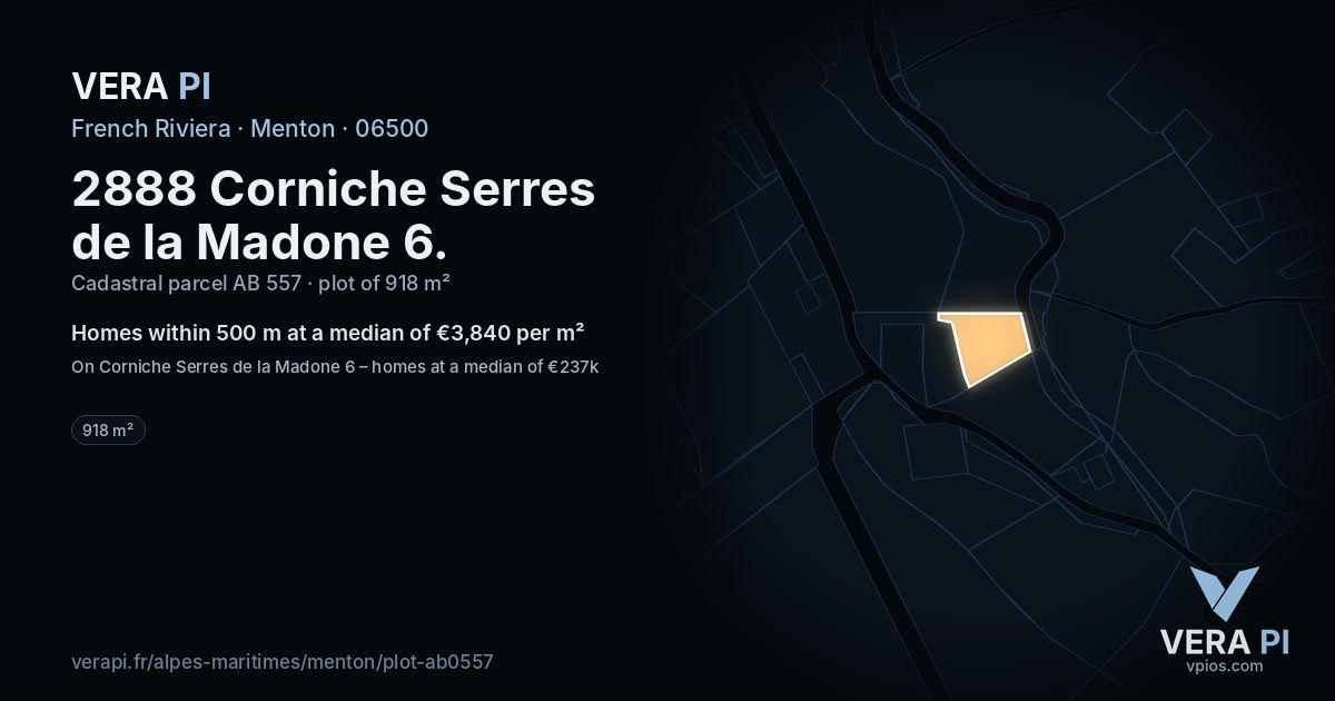 2888 Corniche Serres de la Madone 6, Menton at night – the plot lit, the parcels around coloured by the prices near them