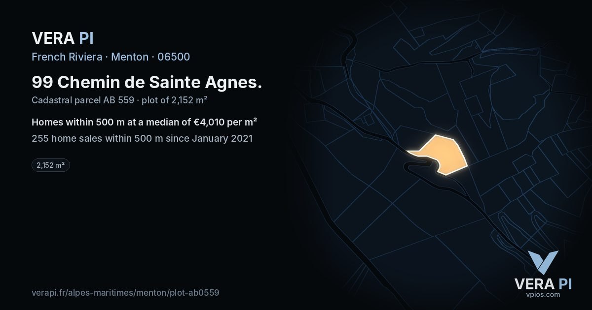 99 Chemin de Sainte Agnes, Menton at night – the plot lit, the parcels around coloured by the prices near them