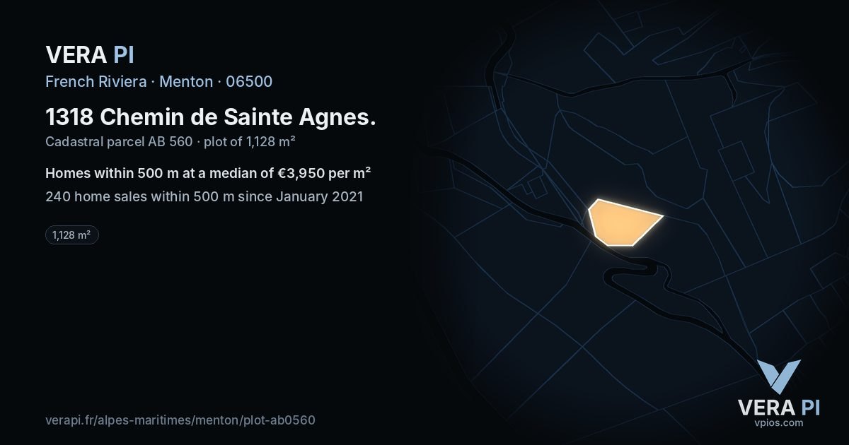 1318 Chemin de Sainte Agnes, Menton at night – the plot lit, the parcels around coloured by the prices near them