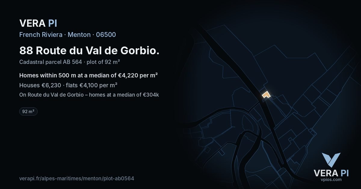 88 Route du Val de Gorbio, Menton at night – the plot lit, the parcels around coloured by the prices near them