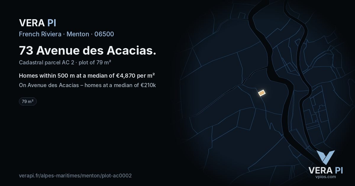 73 Avenue des Acacias, Menton at night – the plot lit, the parcels around coloured by the prices near them