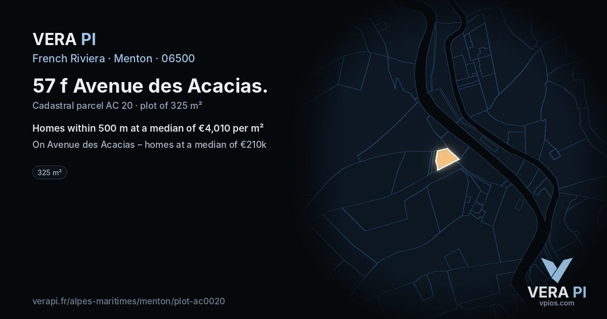 57 f Avenue des Acacias, Menton at night – the plot lit, the parcels around coloured by the prices near them