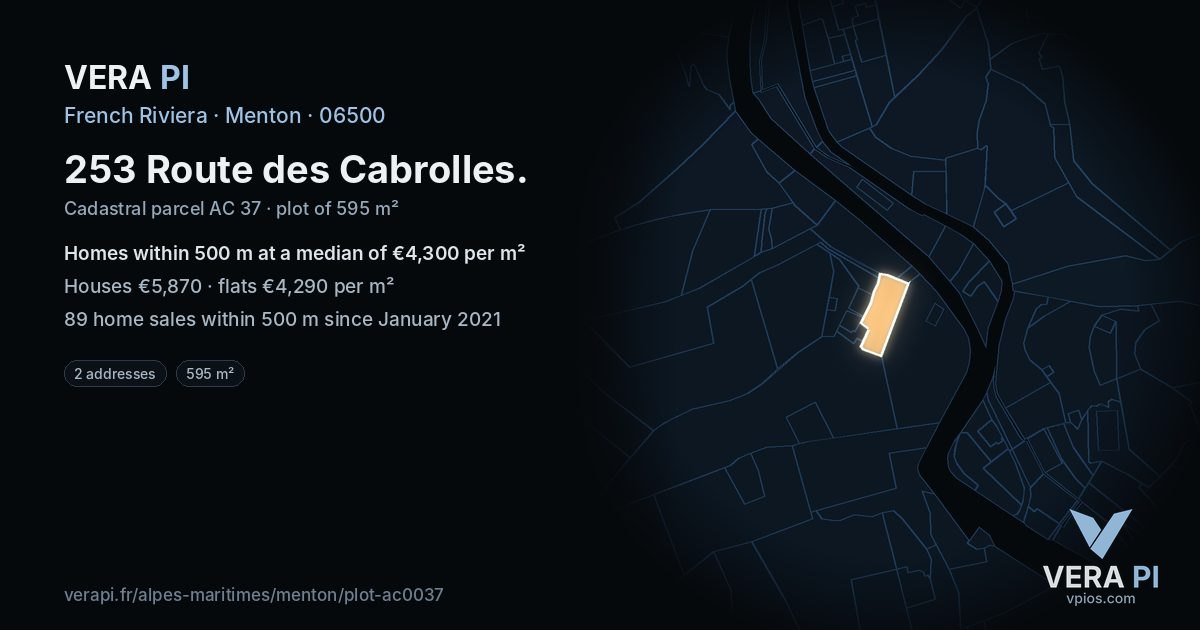 253 Route des Cabrolles, Menton at night – the plot lit, the parcels around coloured by the prices near them