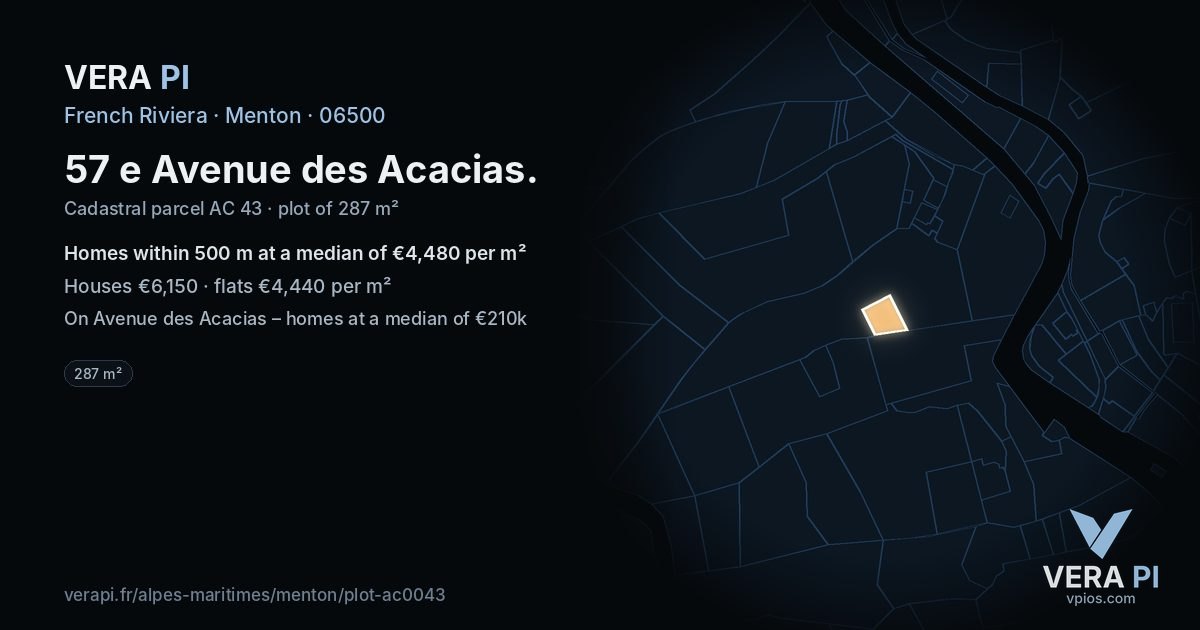 57 e Avenue des Acacias, Menton at night – the plot lit, the parcels around coloured by the prices near them