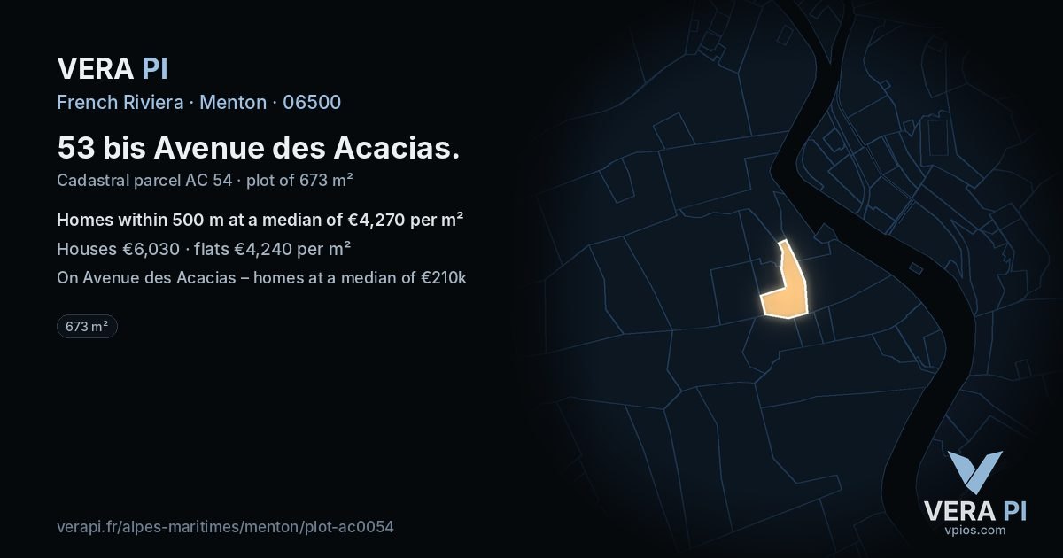 53 bis Avenue des Acacias, Menton at night – the plot lit, the parcels around coloured by the prices near them