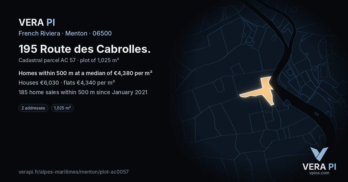 195 Route des Cabrolles, Menton at night – the plot lit, the parcels around coloured by the prices near them