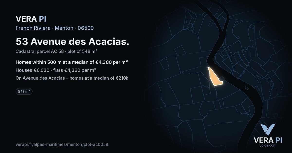 53 Avenue des Acacias, Menton at night – the plot lit, the parcels around coloured by the prices near them