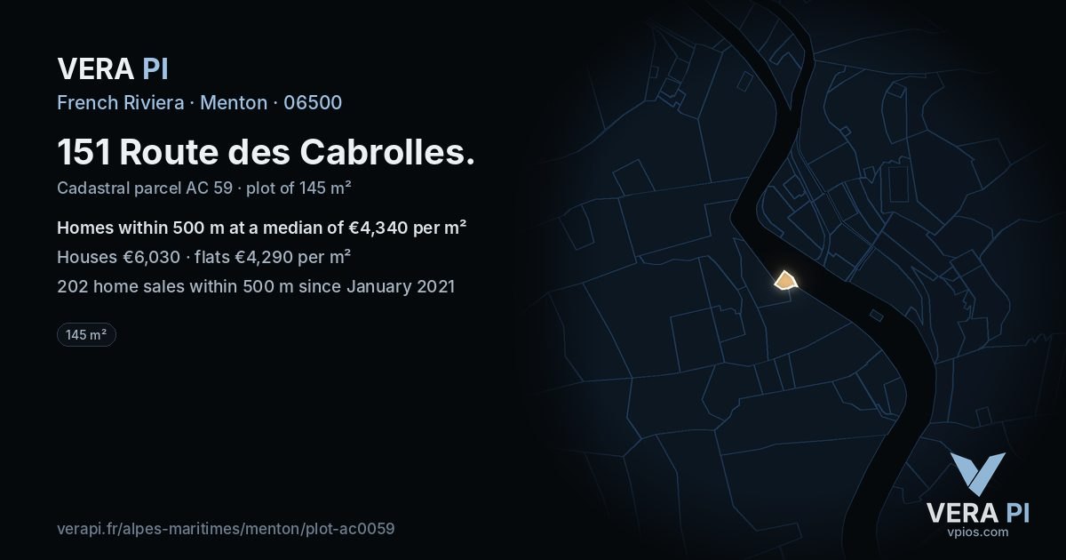 151 Route des Cabrolles, Menton at night – the plot lit, the parcels around coloured by the prices near them