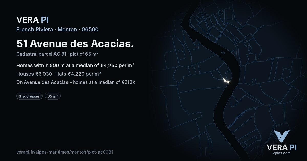 51 Avenue des Acacias, Menton at night – the plot lit, the parcels around coloured by the prices near them