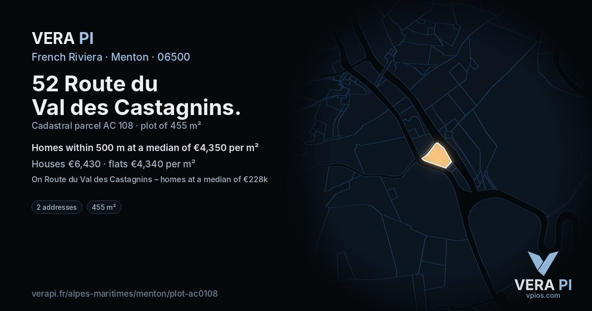 52 Route du Val des Castagnins, Menton at night – the plot lit, the parcels around coloured by the prices near them