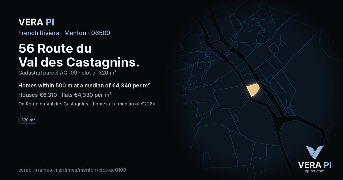 56 Route du Val des Castagnins, Menton at night – the plot lit, the parcels around coloured by the prices near them