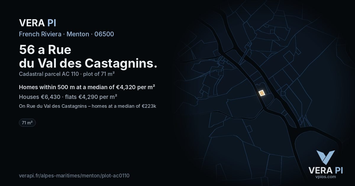 56 a Rue du Val des Castagnins, Menton at night – the plot lit, the parcels around coloured by the prices near them