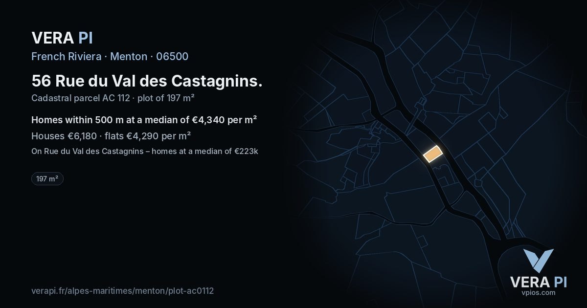 56 Rue du Val des Castagnins, Menton at night – the plot lit, the parcels around coloured by the prices near them