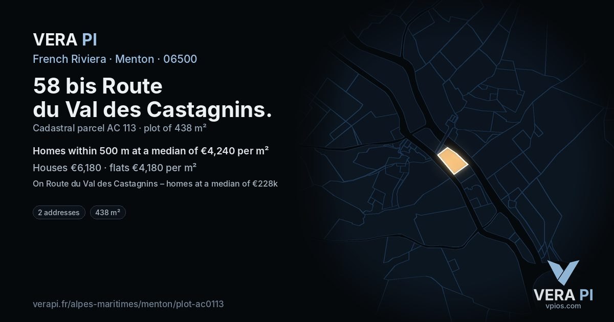 58 bis Route du Val des Castagnins, Menton at night – the plot lit, the parcels around coloured by the prices near them