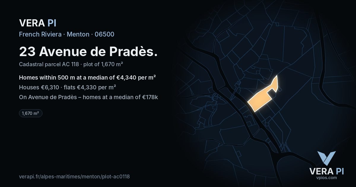 23 Avenue de Pradès, Menton at night – the plot lit, the parcels around coloured by the prices near them