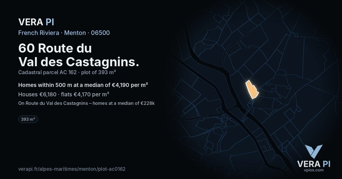 60 Route du Val des Castagnins, Menton at night – the plot lit, the parcels around coloured by the prices near them