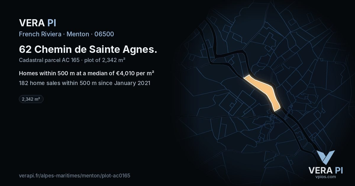 62 Chemin de Sainte Agnes, Menton at night – the plot lit, the parcels around coloured by the prices near them