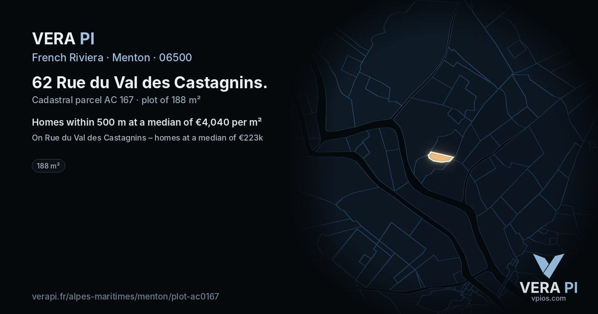 62 Rue du Val des Castagnins, Menton at night – the plot lit, the parcels around coloured by the prices near them