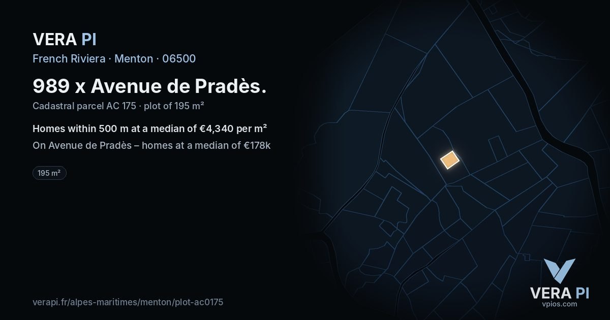 989 x Avenue de Pradès, Menton at night – the plot lit, the parcels around coloured by the prices near them