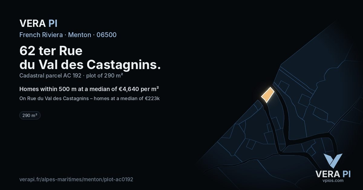 62 ter Rue du Val des Castagnins, Menton at night – the plot lit, the parcels around coloured by the prices near them
