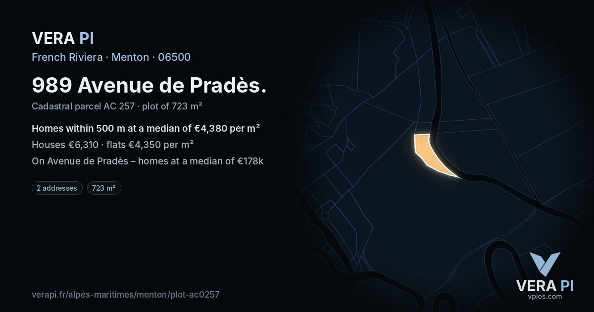 989 Avenue de Pradès, Menton at night – the plot lit, the parcels around coloured by the prices near them