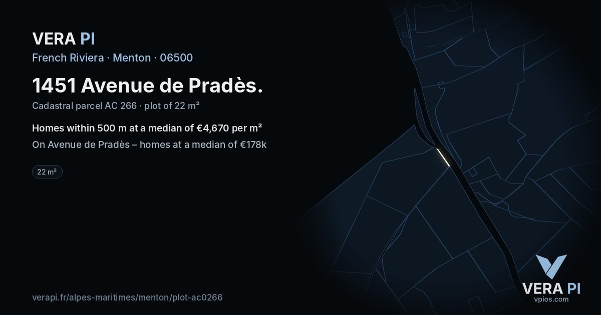 1451 Avenue de Pradès, Menton at night – the plot lit, the parcels around coloured by the prices near them