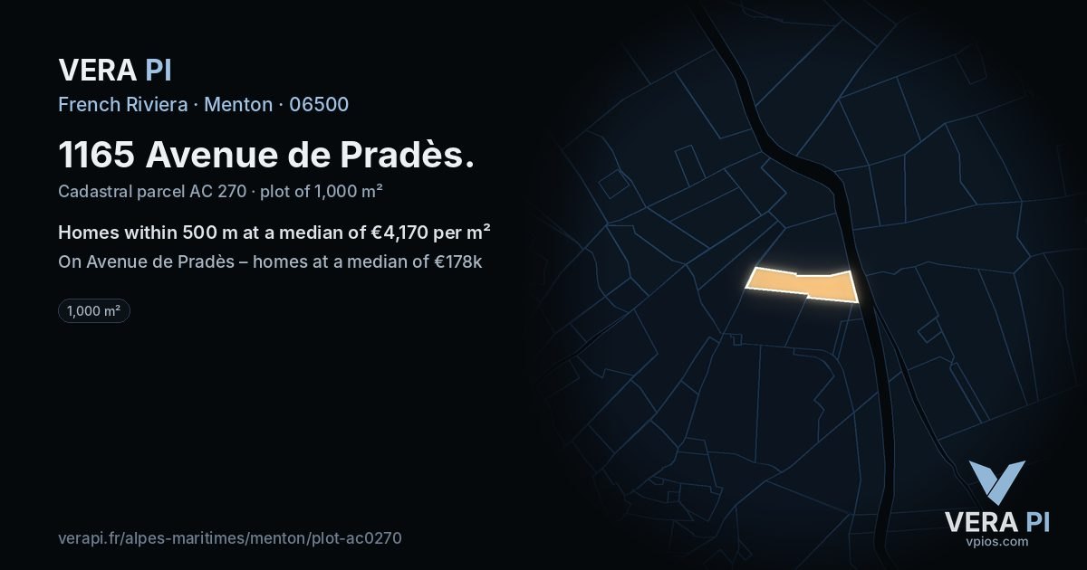 1165 Avenue de Pradès, Menton at night – the plot lit, the parcels around coloured by the prices near them