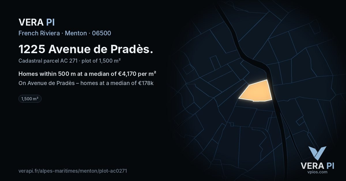1225 Avenue de Pradès, Menton at night – the plot lit, the parcels around coloured by the prices near them
