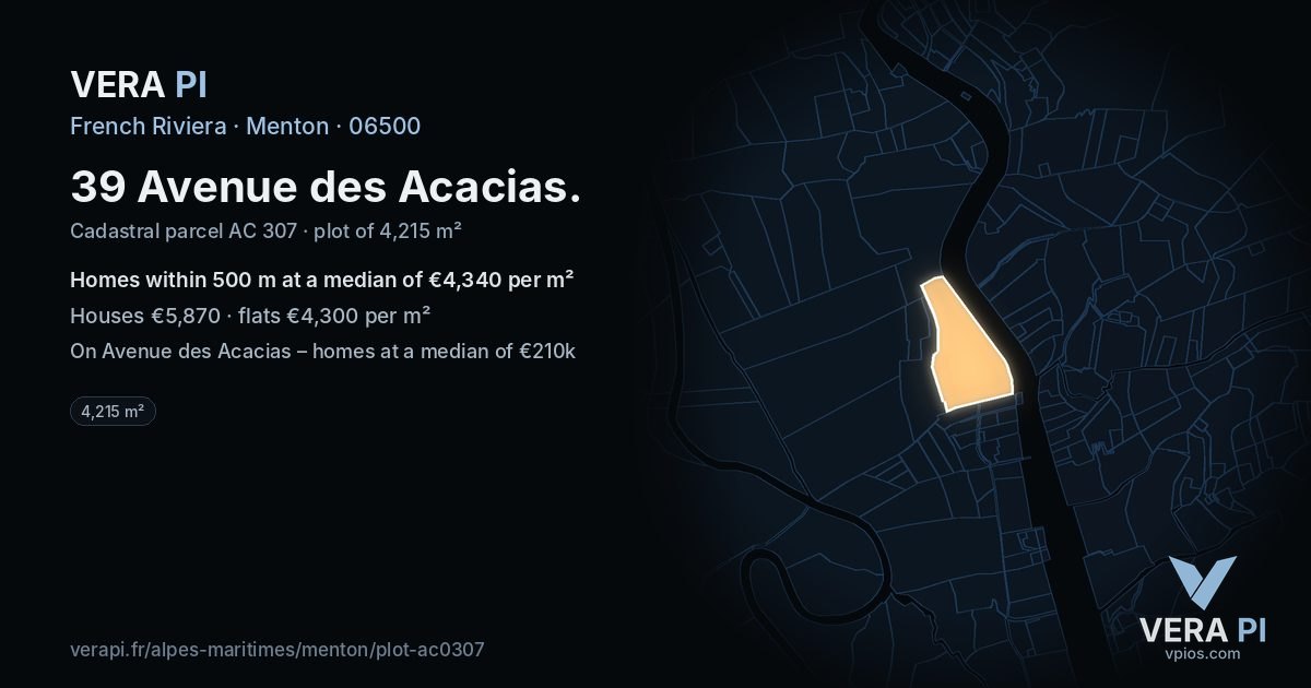 39 Avenue des Acacias, Menton at night – the plot lit, the parcels around coloured by the prices near them